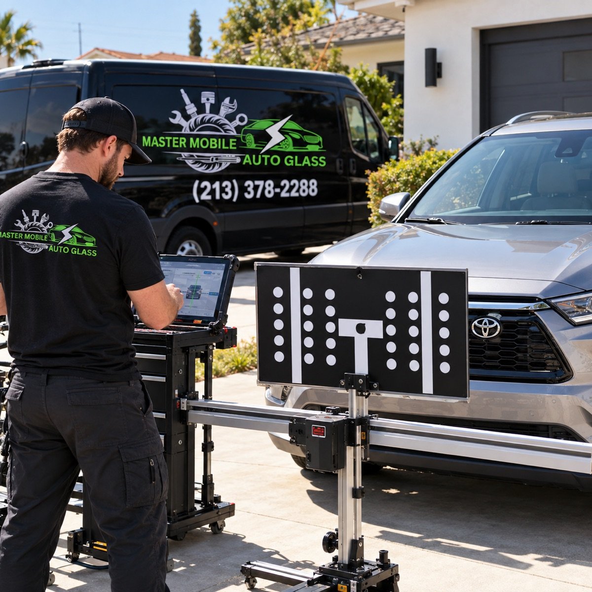 Technician running an ADAS camera calibration with a target board in front of an SUV