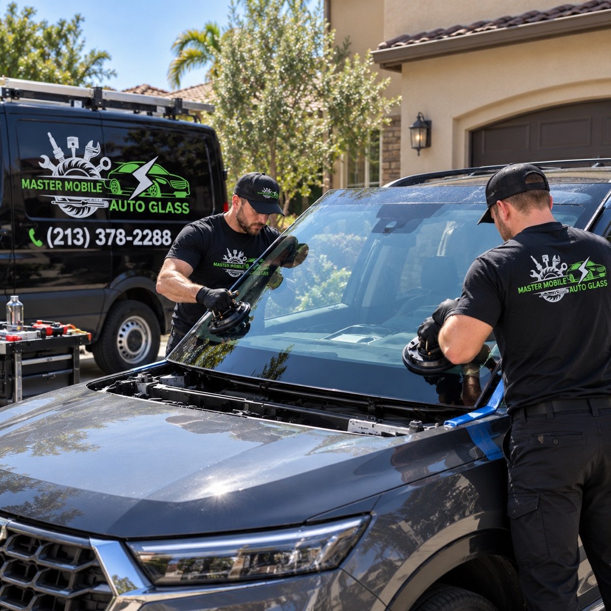 Master Mobile Auto Glass service van parked at a Tarzana home while a technician works on an SUV