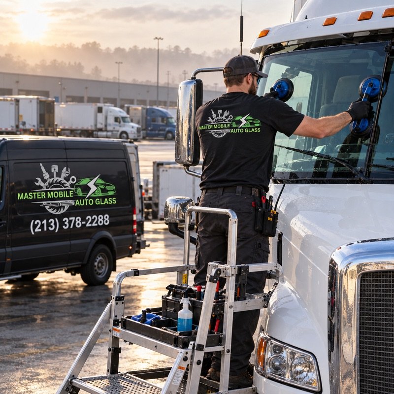Semi-truck windshield repair and replacement by a Master Mobile Auto Glass technician in Tarzana, CA